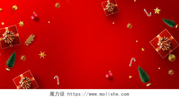 红绿色喜庆礼盒松果星星立体雪花简约酷炫唯美浪漫圣诞节展板背景圣诞节背景